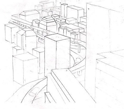 bird's eye view cityscape sketch